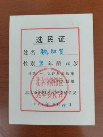 魏启贤（1921-，我国著名男中音歌唱家，江安国立剧专、青木关国立音乐院校友、抗日救亡演剧三队成员）选民证。存放位置1-8-9