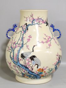 清代乾隆黄釉花鸟双耳佛桶尊