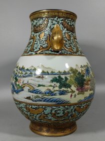 旧藏清乾隆古铜彩山水尊