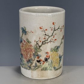 粉彩花鸟文房笔筒