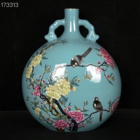 清雍正松石绿釉珐琅彩描金花鸟纹双耳扁瓶 规格30厘米X25厘米X15厘米