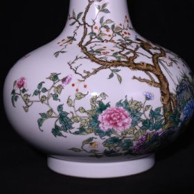 旧藏 清雍正粉彩花鸟纹扁肚瓶 高29.5×22厘米