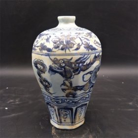 元青花 全手工绘画单龙图八角梅瓶老物件古瓷器 收藏古玩古董
