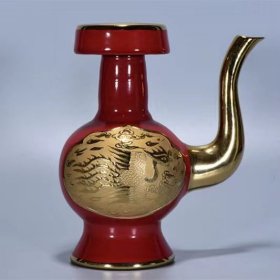 旧藏明宣德年霁红鎏金凤纹壶