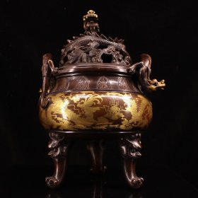 珍品旧藏收纯铜高浮雕錾刻雕花鎏金盘龙熏香炉 工艺精湛 器型款式精美