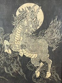 旧藏【麒麟祥云】楠木插屏，尺寸较大，麒麟图为碑刻拓片，底部彩绘双狮图案，双狮香炉图案手绘玻璃上，整体保存完整，品相尺寸如图！