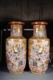 清乾隆：雕刻群仙祝寿金地爆竹瓶 尺寸高81.5厘米 口径27厘米 底径23.5厘米