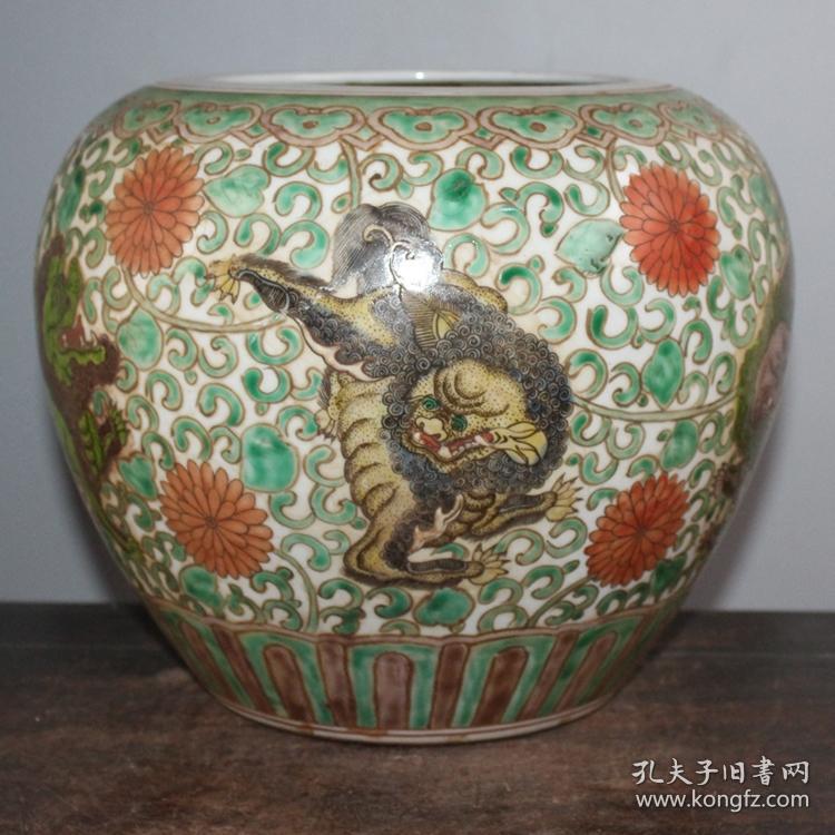 清粉彩狮子缠枝花卉字画缸