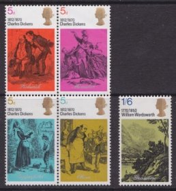 英国邮票1970年作家狄更斯和诗人华兹华斯5全 大卫科波菲尔 插图