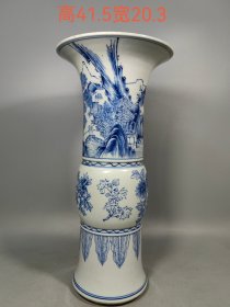 清代青花淡描风景 花卉纹 花鼓