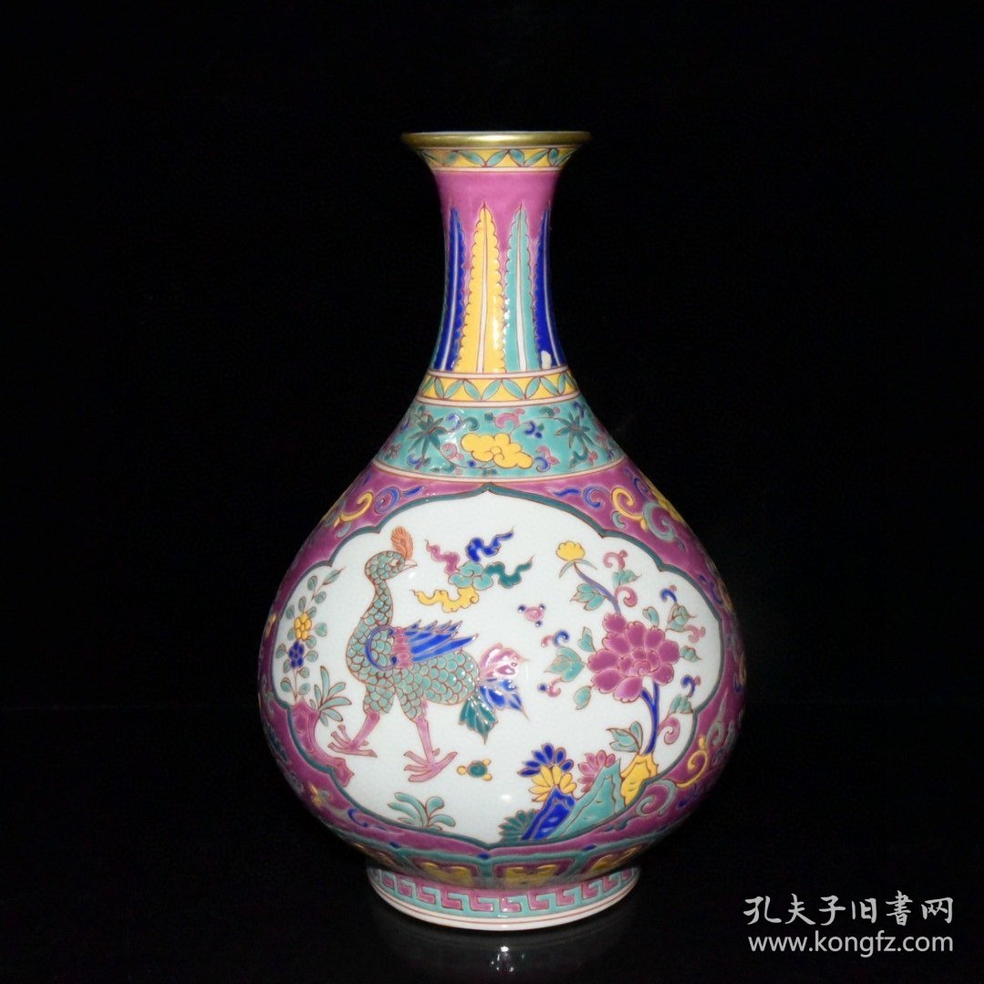 旧藏 明代宣德五彩描金孔雀花鸟纹玉壶春瓶【 28x18.5cm 】