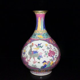 旧藏 明代宣德五彩描金孔雀花鸟纹玉壶春瓶【 28x18.5cm 】