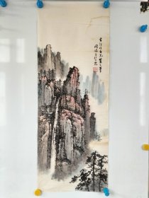 旧画一副，怀民水墨手绘山水画一副，尺寸88x34厘米，