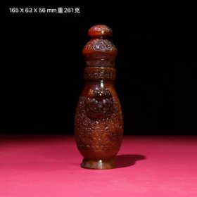 旧藏，汉代熟坑满沁游丝毛雕龙纹玉瓶，包浆厚重，尺寸如图