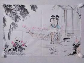 保真书画，当代优秀人物画画家，刘静云国画作品人物一幅，尺寸：45.5*68刘静云：1964年生，河北香河人。现任河北省美术家协会会员、中国当代艺术网特邀推荐艺坛名家、国际当代艺术文化发展有限公司签约书画家。幼习绘画，师从袁宗浦老师学习中国传统绘画之精髓和技法，曾临摹并研究任伯年、八大、蒋兆和、刘继卣等近现代大家之作，深切体会人物绘画之精妙和灵魂，从而形成自身独特的画风：笔法灵秀飘逸，墨韵清朗雄