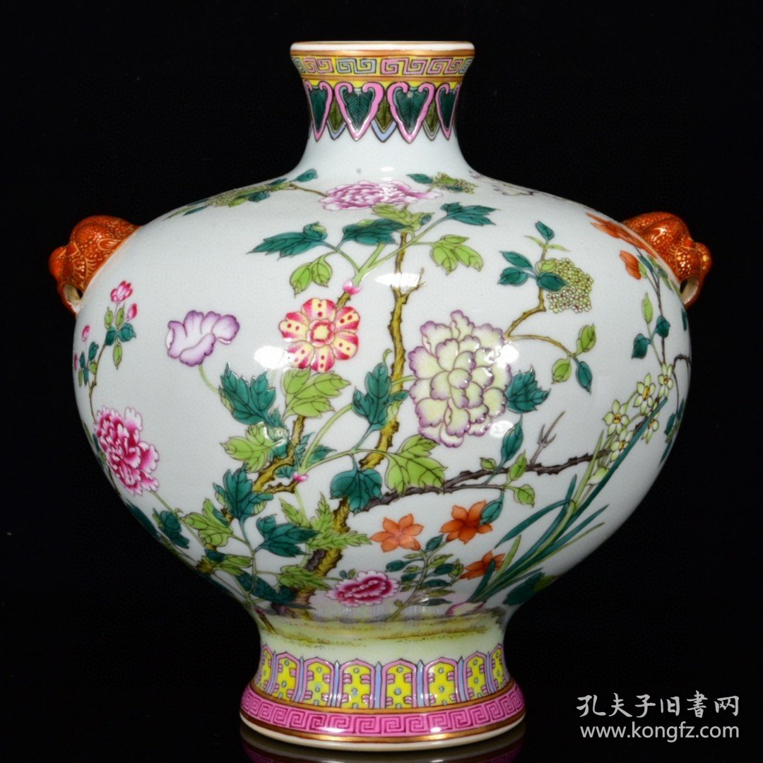 瓷器 清乾隆粉彩花卉纹虎头瓶 20*20厘米