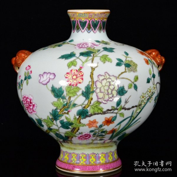 瓷器 清乾隆粉彩花卉纹虎头瓶 20*20厘米