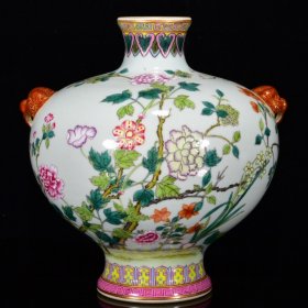 瓷器 清乾隆粉彩花卉纹虎头瓶 20*20厘米