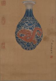 A 清代-郎世宁-精品绢本青花玉壶春--字画画心尺寸27.5x59厘米；瓷器高28厘米，腹径17.5厘米