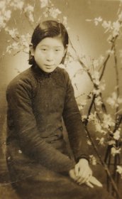 民国梅花背景前旗袍美女老照片
