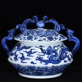 明宣德青花龙纹双耳盖罐，高19厘米，直径25厘米