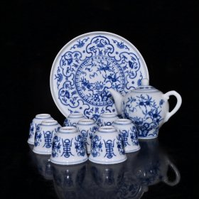 大明成化青花福寿茶具（茶盘1.5×21cm杯5×6.3cm壶12×16cm）
