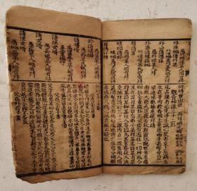 清代木刻板巜萬事不求人》，内容：一是从每月初一至三十日得病都有消病详解秘方、咒符。二是对联类及各类书帖，非常齐全。三是算盤上法，歌诀。四是觀音灵課，三十二占卜算卦及各种算卦的方法。五是书信类、礼帖类、婚礼、合同、药方等，门类齐全，内容新颖广泛。真的是一本清代巜萬事不求人》在手，学习使用方便！古籍善本。