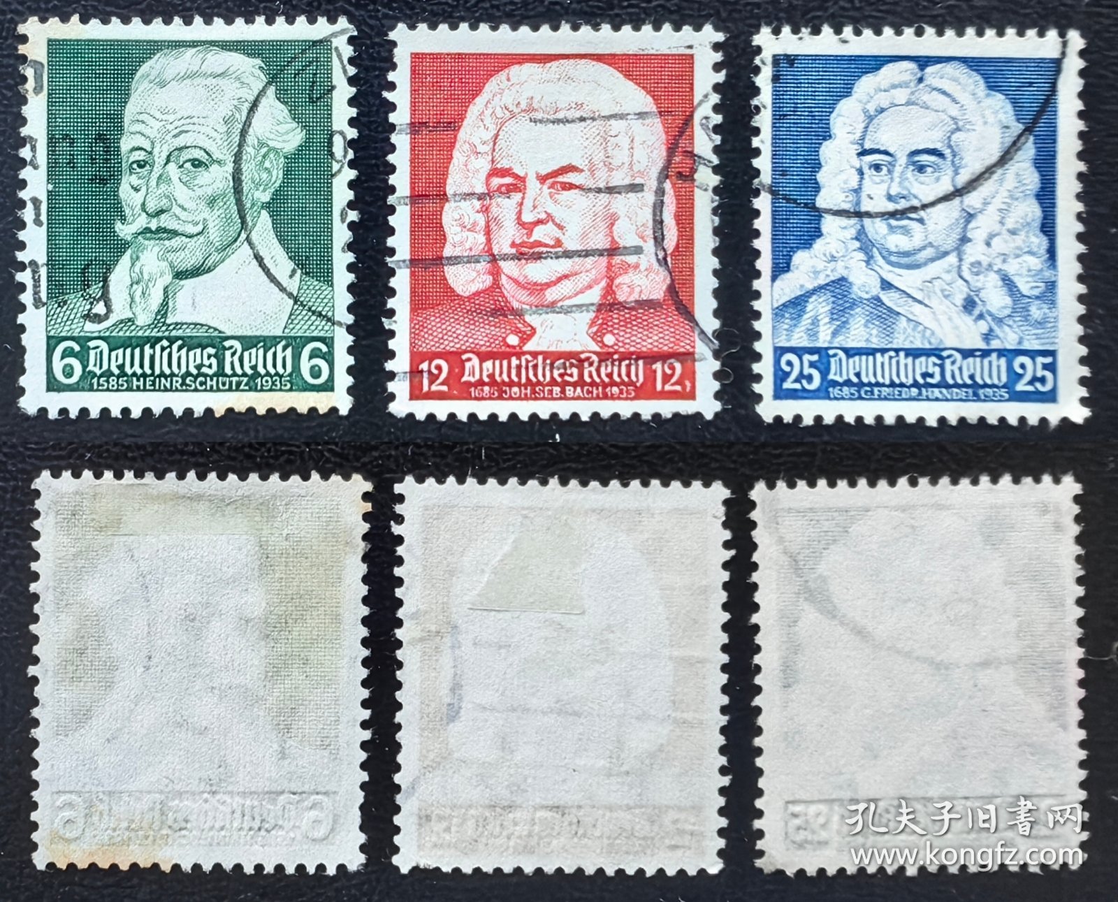 2-783德国1935年信销邮票3全。海因里希·舒茨、巴赫、汉德尔。人物肖像。2015斯科特目录2.5美元。