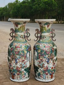 重器.精工细作满工粉彩水浒英雄人物纹螭龙双耳落地瓶一对