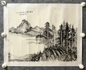 方炳燊先生手绘国画山水画 《临王蒙溪山风雨图之五》43x53.5cm