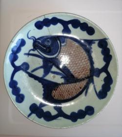 【老瓷器】青花釉里红鱼盘【年代：清晚期（仅供参考）】·