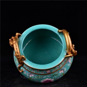清雍正本金珐琅彩缠枝花卉纹三足双龙耳香炉古董古玩古瓷器规格