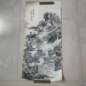 国画（茅屋白云图，李俊卿画。设色山水，81x37.5㎝。）