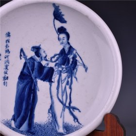 民国大师王步绘青花仙姑洞宾故事纹笔洗古董古玩古瓷器文玩艺术