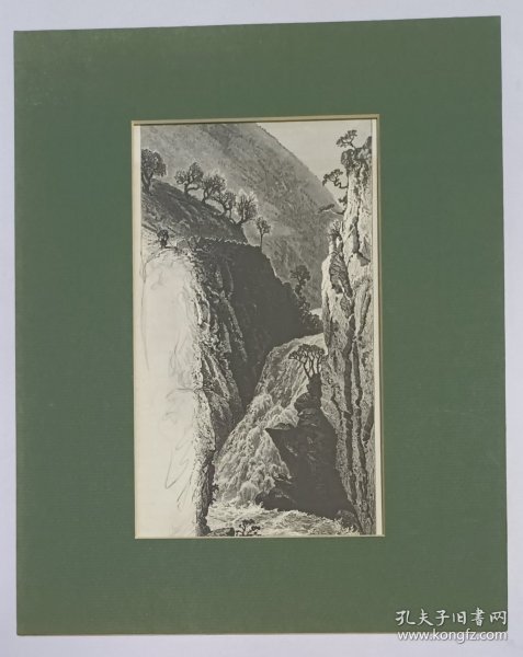 约十九世纪前后西文古籍木刻版插图《在雷达儿河上》，专业制作硬卡纸简易框。纸框尺寸32*26㎝，版画上有轻微铅笔字划痕，可以擦掉。