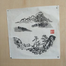 浙北文化人[濮靖]老师创作的扇面山水画小镜心作品，濮靖，字清，号小来居士、朴斋、胥塘野史，籍贯浙江桐庐分水，出生于浙江嘉善西塘，杭州大学教育系学校教育专业毕业，现任教于海宁市第一中学。诗人、画人，著有诗集《划火柴》《春天里的摇滚乐》。