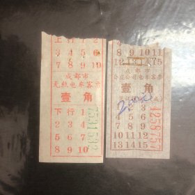 早期成都市无轨电车客票壹角2张不同（汽车票根）