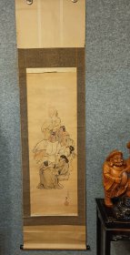大自然道人的七福神 日本回流书画轴挂轴 ，真实手绘品，老绢本纸裱 纵182Cm横45Cm. 木轴全。 自然道人的自在七福神。 (F306)
