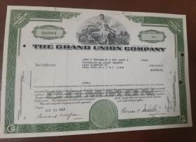 [老股票 美国 antique stock]  1968年 The Grand Union Company 大联合公司股票1股   （会签： 大通曼哈顿银行）   后主营超市百货连锁，前身是成立于1872年的琼斯兄弟茶叶公司， 雕刻版钱币级别精印