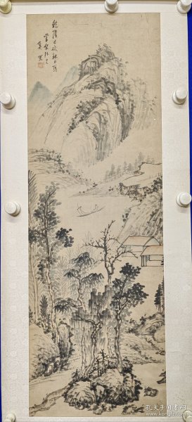 奚冈(1746—1803) 清代篆刻家、书画家。原名钢，字铁生、纯章，号萝龛、蝶野子，别号鹤渚生、蒙泉外史、蒙道士、奚道士、散木居士、冬花庵主 ，钱松合称西泠八家 ：奚冈 国画 ：山水画 一幅 （立轴）作品保老（新裱）尺寸99————34厘米