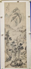 奚冈(1746—1803) 清代篆刻家、书画家。原名钢，字铁生、纯章，号萝龛、蝶野子，别号鹤渚生、蒙泉外史、蒙道士、奚道士、散木居士、冬花庵主 ，钱松合称西泠八家 ：奚冈 国画 ：山水画 一幅 （立轴）作品保老（新裱）尺寸99————34厘米