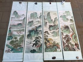 四条屏 老中堂画 挂轴画 挂画 《 烟岚旋阁 》四幅  屈鸿林作 天津杨柳青画社出版 尺寸141*38厘米，画心尺寸99*34.5厘米