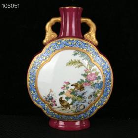 清乾隆胭脂红秞开光珐琅彩描金安居落业纹双耳扁瓶