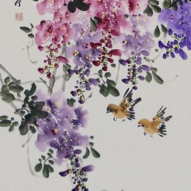 紫气东来R7829A手绘竖幅三尺紫藤花鸟国画，全手绘，尺寸100-50厘米