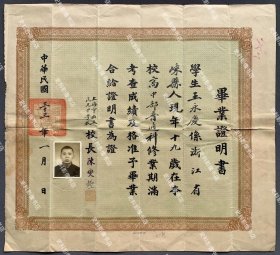 【上海教育史料】抗日英烈郑苹茹母校——上海私立民光中学校 1944年颁发学生毕业证书一件（尺寸：35.5*38.5cm，该校有着国民党“CC”系背景，臭名昭著的大汉奸丁默邨也曾在该校担任校董。）