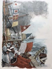 木刻版画精品，远航船队，1904年原创。