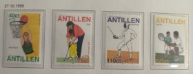 Davo1荷属安的列斯1999年邮票 青少年福利附捐邮票 体育 篮球邮票 击剑 高尔夫网球亲子运动 新 4全 外国邮票 最高值边齿有黄，最后二图。
