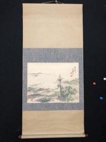 吴湖/吴湖翁/候雪/精品老画秋江待月图立轴，店067纸本纸裱，原装原裱，漆木轴头，画本幅43×33厘米【1.3平尺】品相如图，老旧，手绘精品值得收藏！ 可惜不是吴湖帆！！哈哈哈