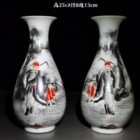 大清咸丰年制款，手绘墨彩人物故事玉壶春瓶一对。