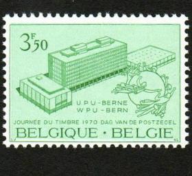Ld01外国邮票比利时1970年 邮票日 万国邮联徽志 总部大楼建筑 新 1全 雕刻版